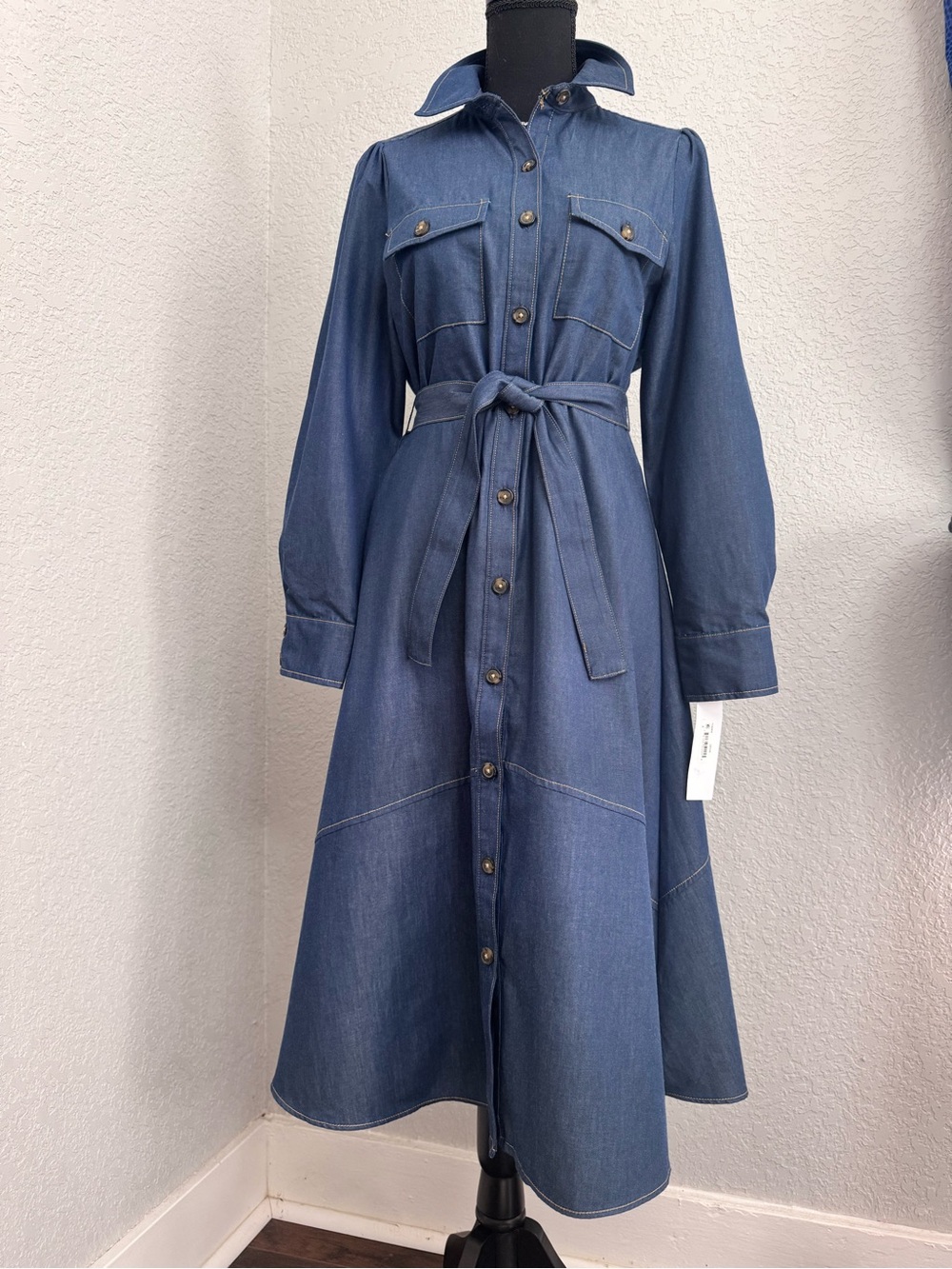 Denim Button-Front Belted Lightweight Shirt Dress Puff Shoulders Detailed Stitch